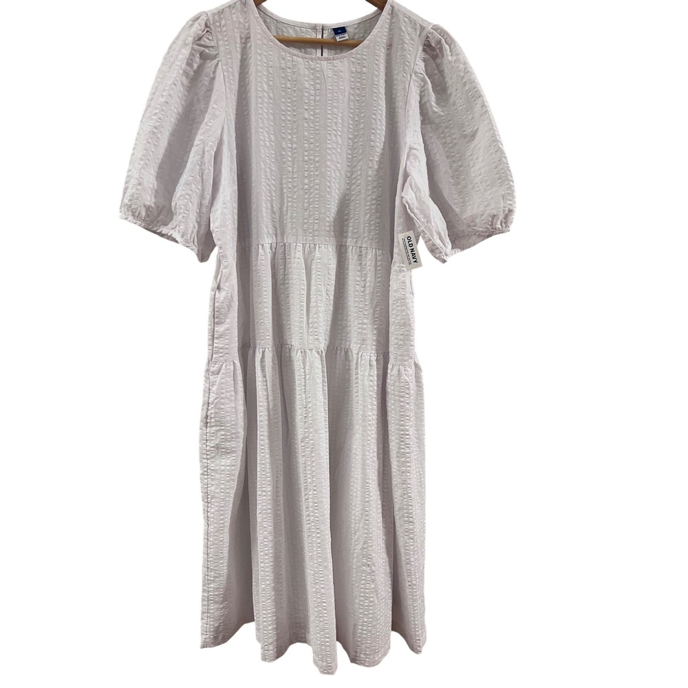 Old Navy Tiered Midi‎ Dress Womens XL White Seersucker Puff Sleeve Pockets NEW